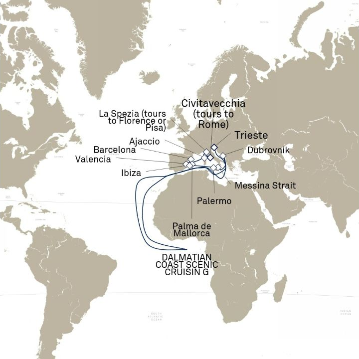 Queen Victoria Voyage V712D itinerary map from Trieste, Italy to Civitavecchia (tours to Rome), Italy