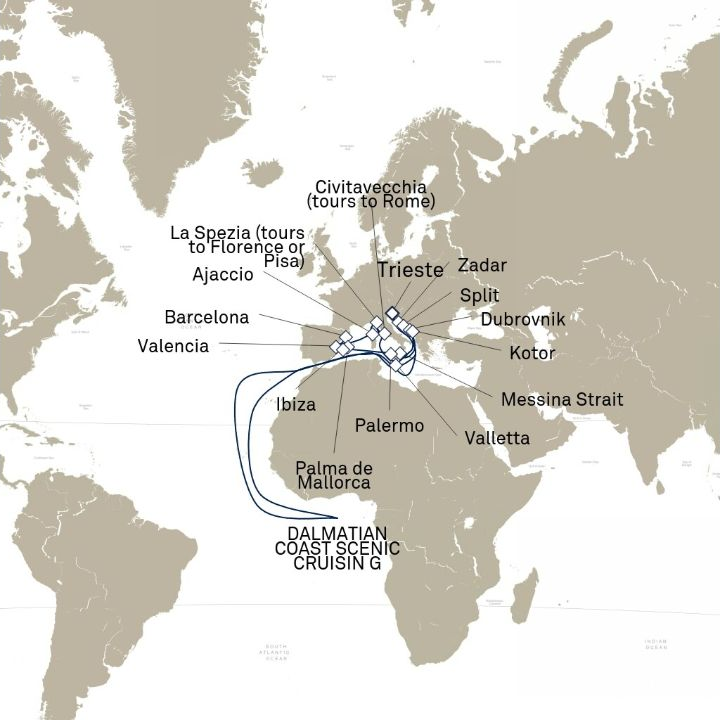 Queen Victoria Voyage V712E itinerary map from Trieste, Italy to Trieste, Italy