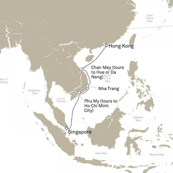 Queen Victoria Voyage V707H itinerary map from Hong Kong, China to Singapore
