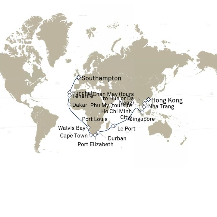 Queen Victoria Voyage V707C itinerary map from Hong Kong, China to Southampton, England, UK