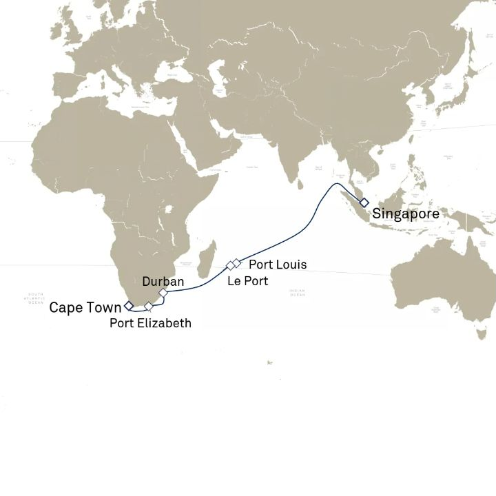 Queen Victoria Voyage V707J itinerary map from Singapore to Cape Town, South Africa