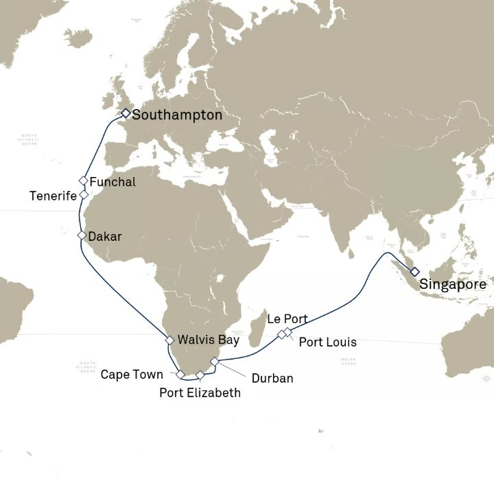 Queen Victoria Voyage V707K itinerary map from Singapore to Southampton, England, UK