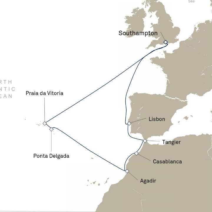 Queen Victoria Voyage V711N itinerary map from Southampton, England, UK to Southampton, England, UK