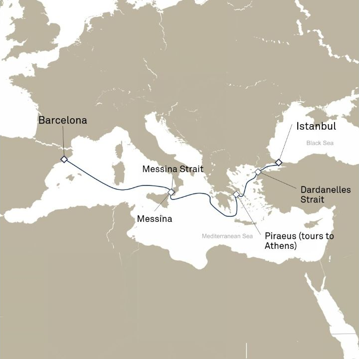 Queen Victoria Voyage V711A itinerary map from Barcelona, Spain to Istanbul, Turkey