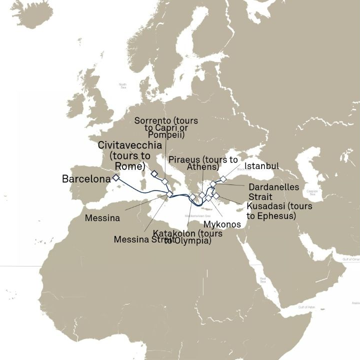 Queen Victoria Voyage V711 itinerary map from Barcelona, Spain to Civitavecchia (tours to Rome), Italy