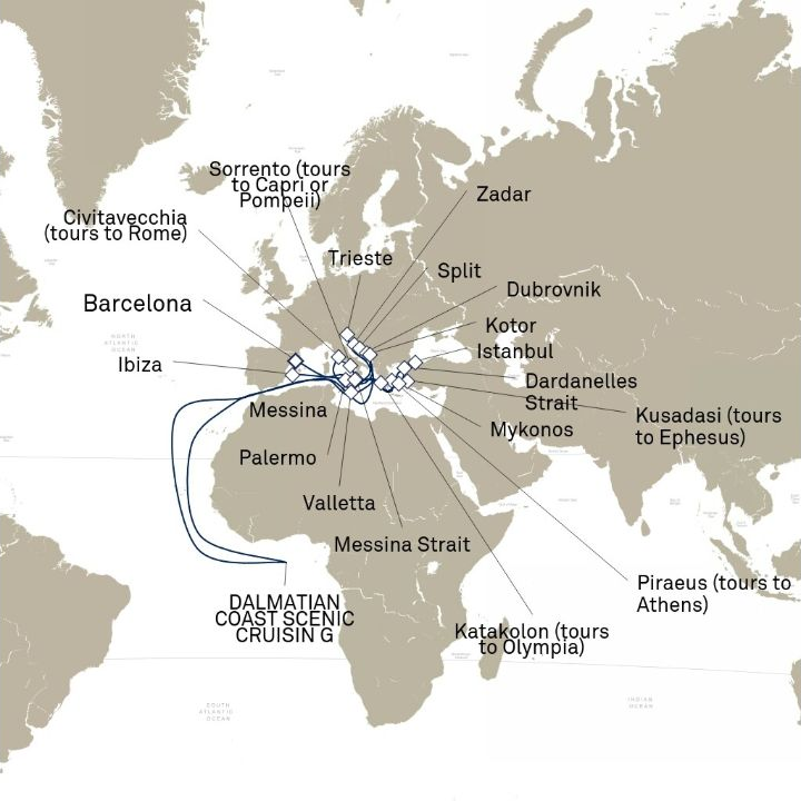 Queen Victoria Voyage V711C itinerary map from Barcelona, Spain to Barcelona, Spain