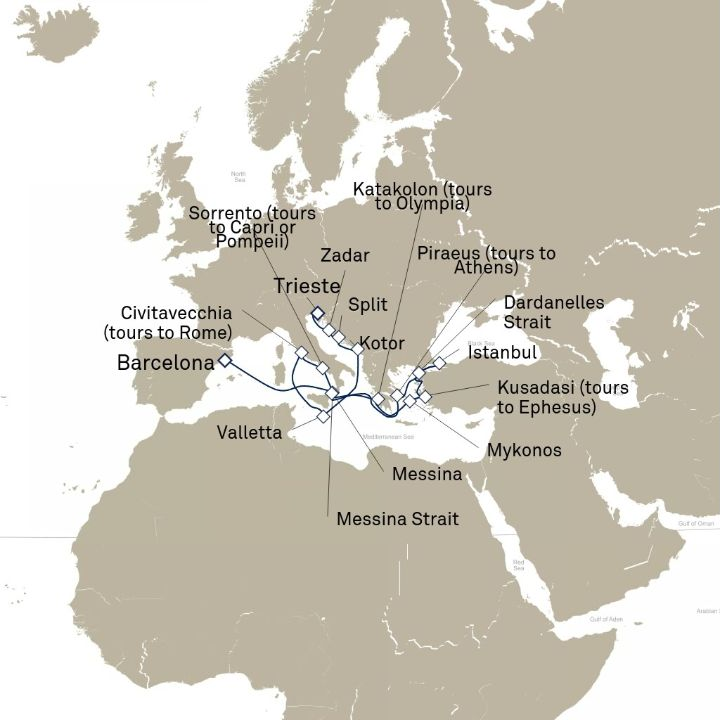 Queen Victoria Voyage V711B itinerary map from Barcelona, Spain to Trieste, Italy