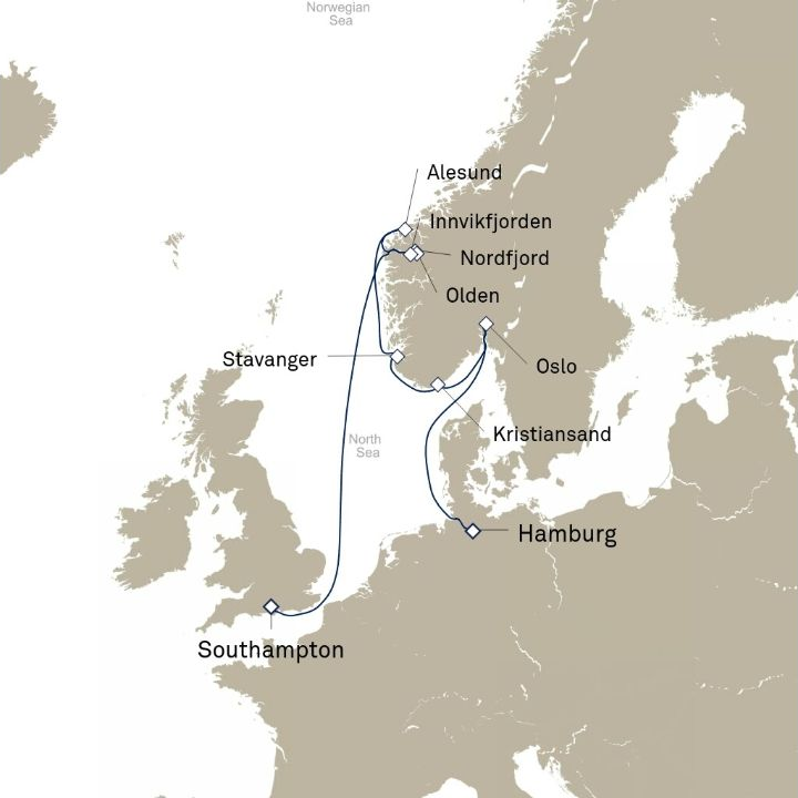 Queen Victoria Voyage V710N itinerary map from Hamburg, Germany to Southampton, England, UK