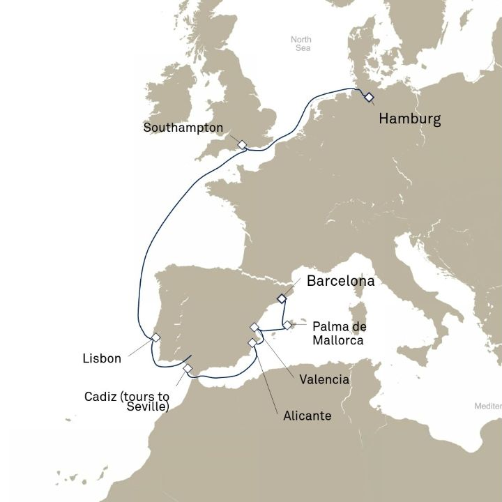 Queen Victoria Voyage V710 itinerary map from Hamburg, Germany to Barcelona, Spain