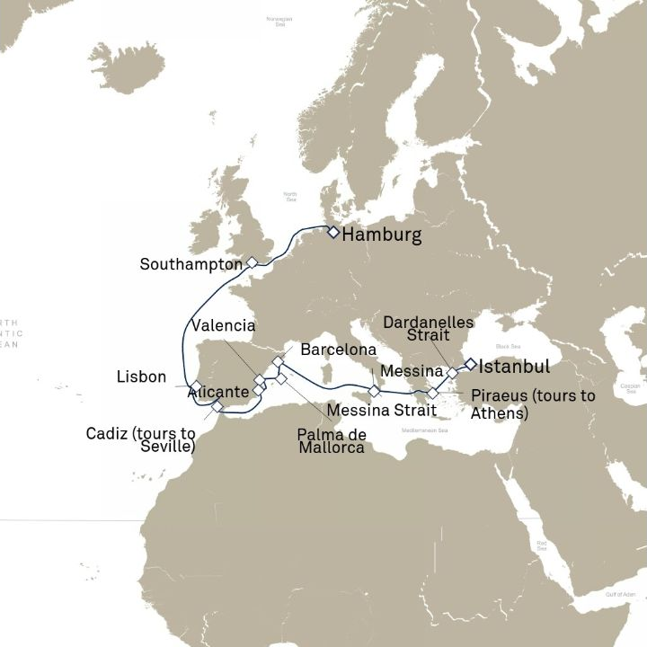 Queen Victoria Voyage V710A itinerary map from Hamburg, Germany to Istanbul, Turkey