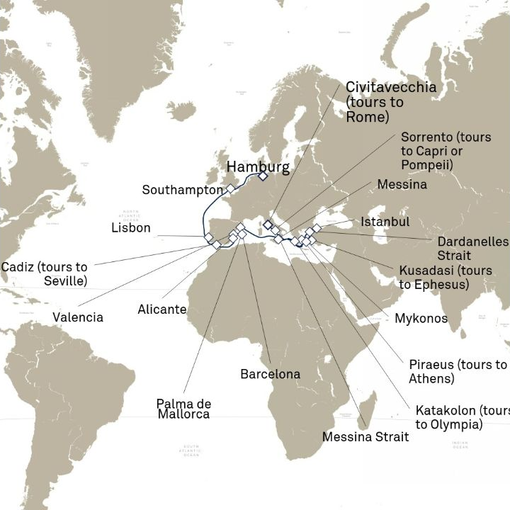 Queen Victoria Voyage V710B itinerary map from Hamburg, Germany to Civitavecchia (tours to Rome), Italy