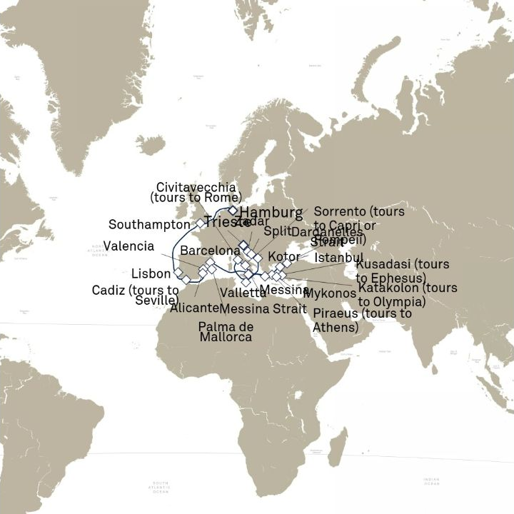 Queen Victoria Voyage V710C itinerary map from Hamburg, Germany to Trieste, Italy