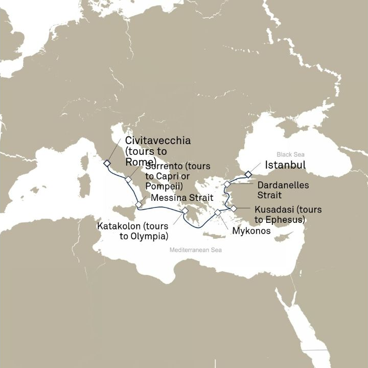 Queen Victoria Voyage V711D itinerary map from Istanbul, Turkey to Civitavecchia (tours to Rome), Italy