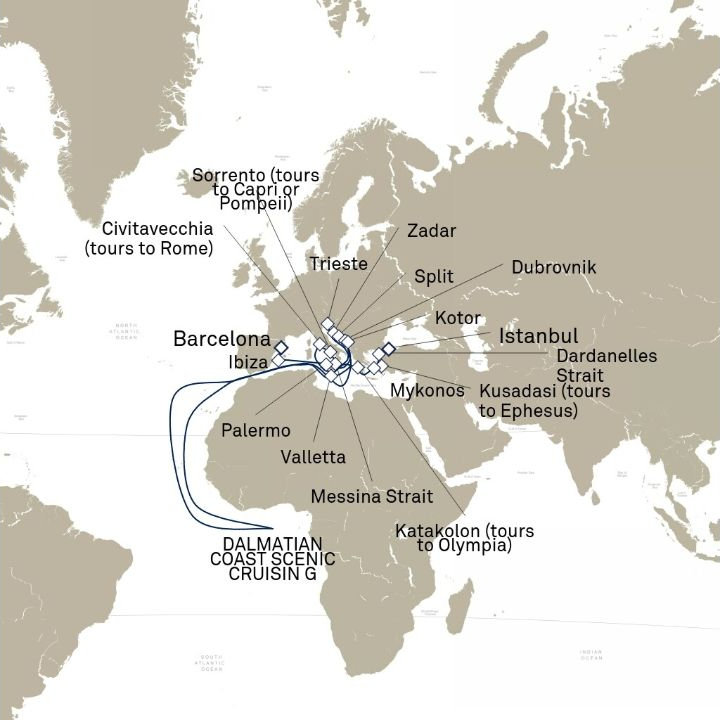 Queen Victoria Voyage V711F itinerary map from Istanbul, Turkey to Barcelona, Spain