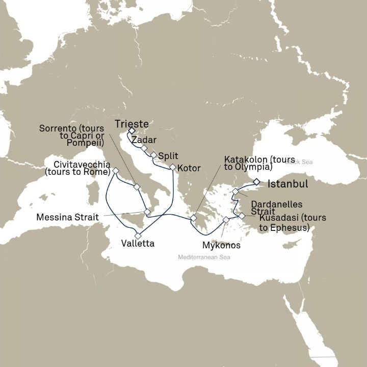 Queen Victoria Voyage V711E itinerary map from Istanbul, Turkey to Trieste, Italy