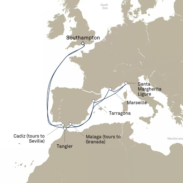 Queen Victoria Voyage V712N itinerary map from Southampton, England, UK to Southampton, England, UK