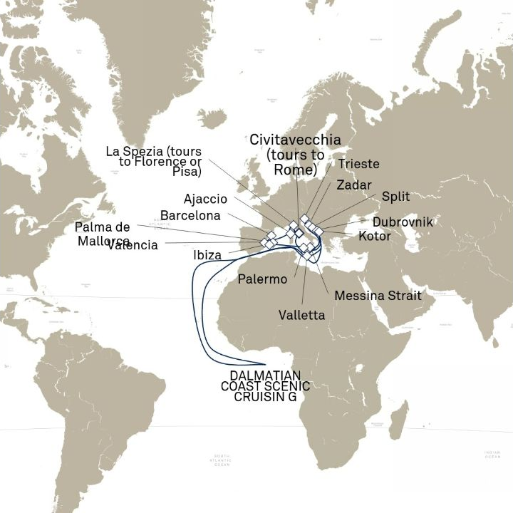 Queen Victoria Voyage V712B itinerary map from Civitavecchia (tours to Rome), Italy to Civitavecchia (tours to Rome), Italy