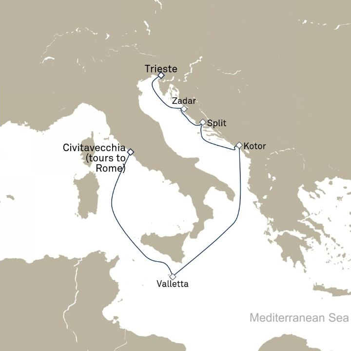Queen Victoria Voyage V712A itinerary map from Civitavecchia (tours to Rome), Italy to Trieste, Italy