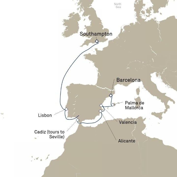 Queen Victoria Voyage V710D itinerary map from Southampton, England, UK to Barcelona, Spain