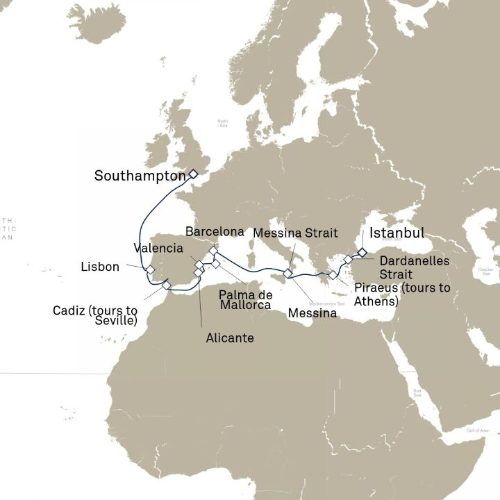 Queen Victoria Voyage V710E itinerary map from Southampton, England, UK to Istanbul, Turkey