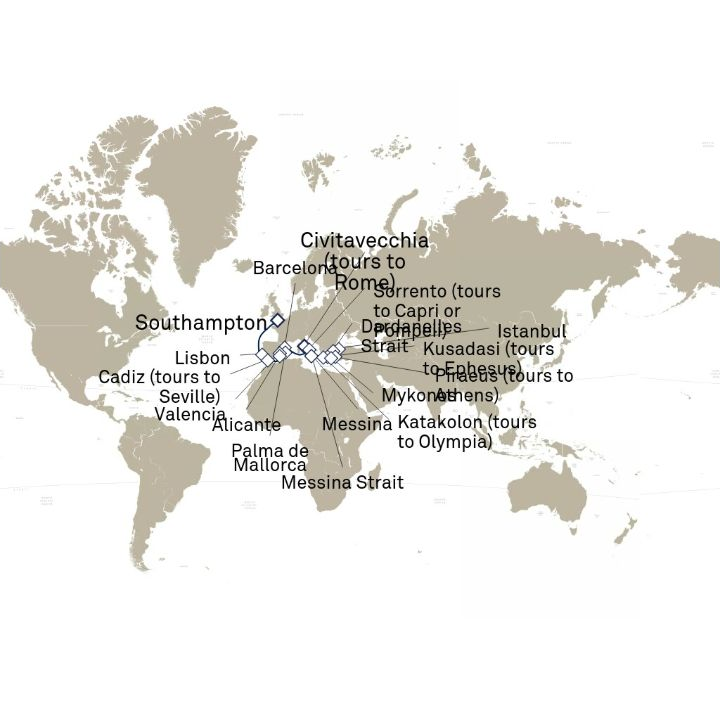 Queen Victoria Voyage V710F itinerary map from Southampton, England, UK to Civitavecchia (tours to Rome), Italy