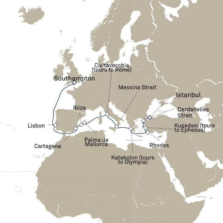 Queen Victoria Voyage V725 itinerary map from Southampton, England, UK to Southampton, England, UK