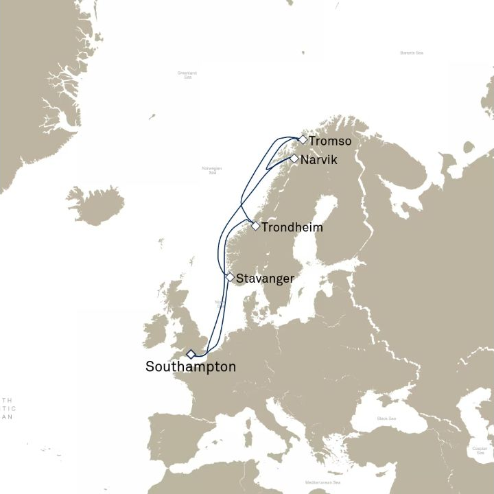 Queen Victoria Voyage V724 itinerary map from Southampton, England, UK to Southampton, England, UK
