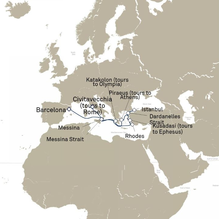 Queen Victoria Voyage V721 itinerary map from Barcelona, Spain to Civitavecchia (tours to Rome), Italy
