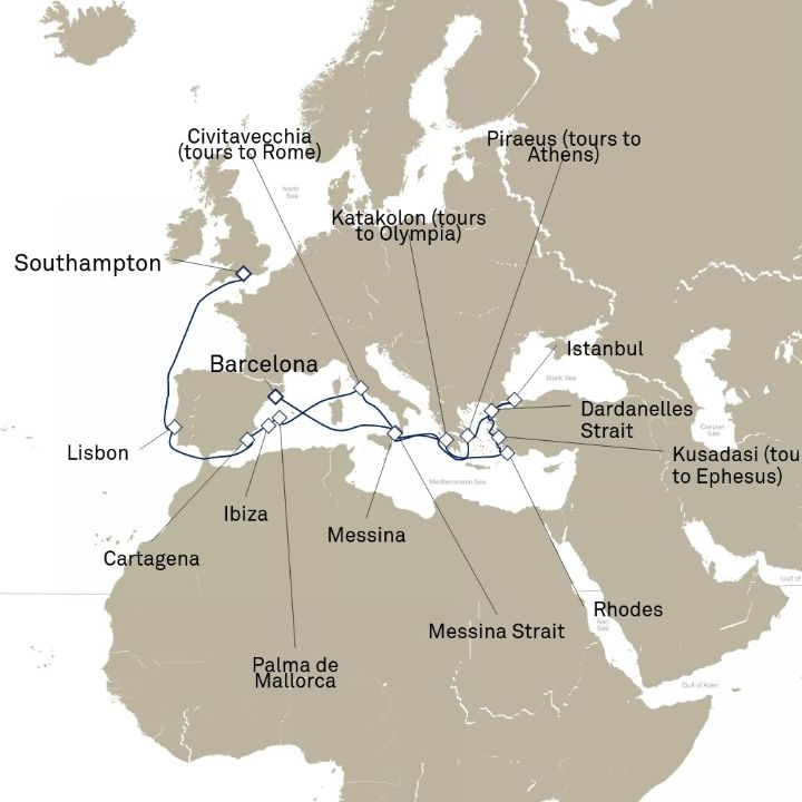 Queen Victoria Voyage V721B itinerary map from Barcelona, Spain to Southampton, England, UK