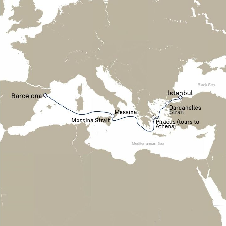 Queen Victoria Voyage V721A itinerary map from Barcelona, Spain to Istanbul, Turkey