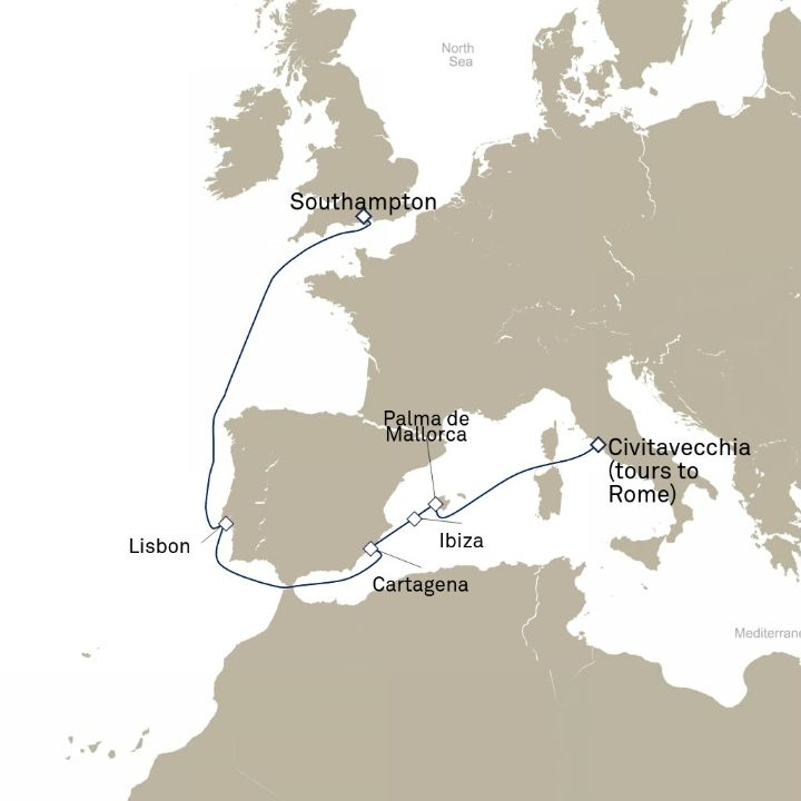 Queen Victoria Voyage V722 itinerary map from Civitavecchia (tours to Rome), Italy to Southampton, England, UK