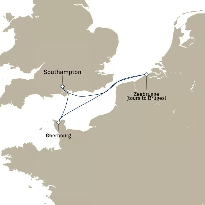 Queen Victoria Voyage V722N itinerary map from Southampton, England, UK to Southampton, England, UK