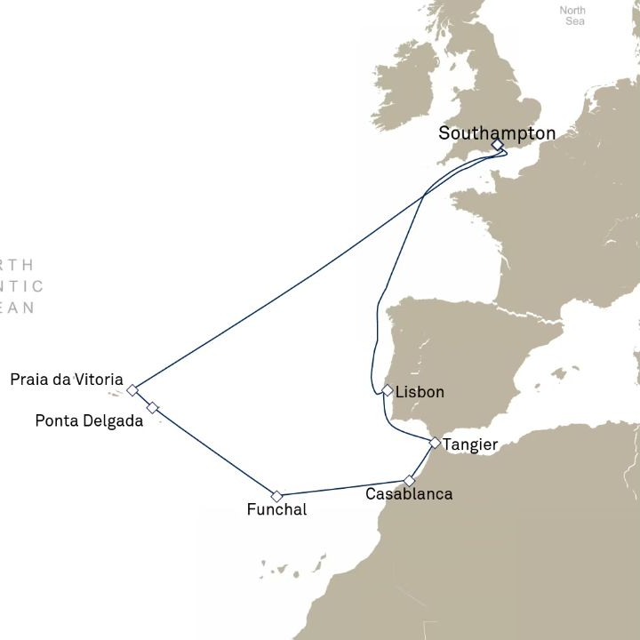 Queen Victoria Voyage V723 itinerary map from Southampton, England, UK to Southampton, England, UK