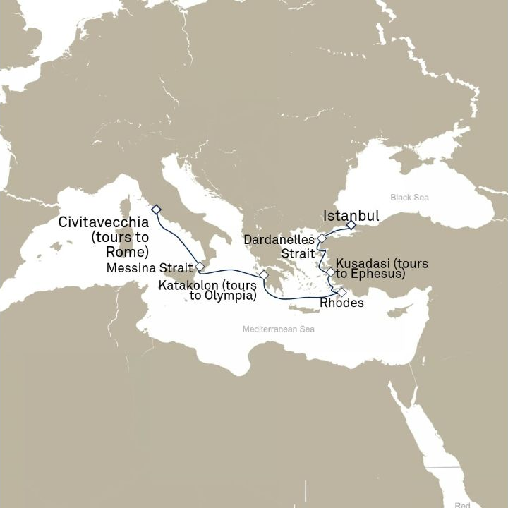 Queen Victoria Voyage V721C itinerary map from Istanbul, Turkey to Civitavecchia (tours to Rome), Italy