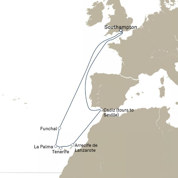 Queen Victoria Voyage V721N itinerary map from Southampton, England, UK to Southampton, England, UK