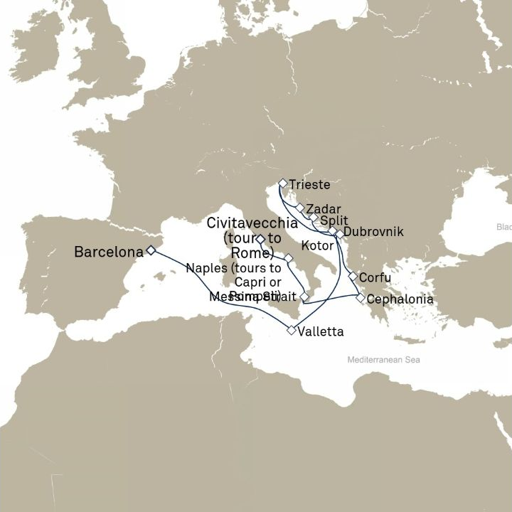 Queen Victoria Voyage V719D itinerary map from Barcelona, Spain to Civitavecchia (tours to Rome), Italy
