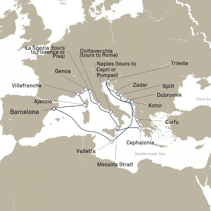 Queen Victoria Voyage V719E itinerary map from Barcelona, Spain to Barcelona, Spain