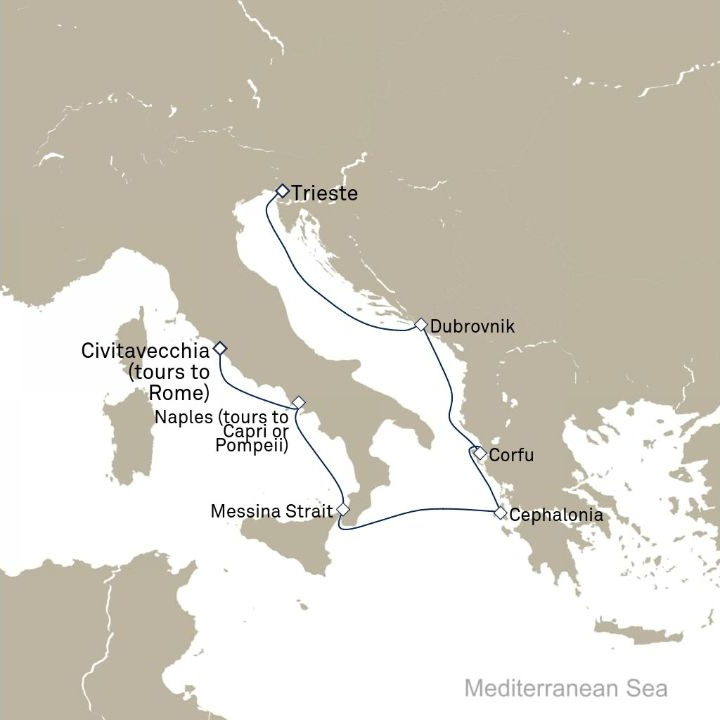 Queen Victoria Voyage V720A itinerary map from Trieste, Italy to Civitavecchia (tours to Rome), Italy