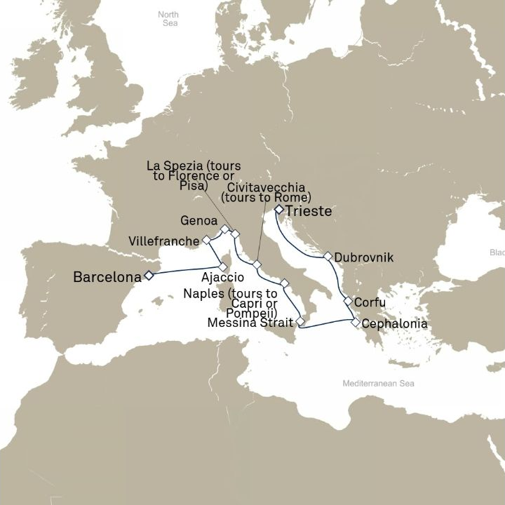 Queen Victoria Voyage V720 itinerary map from Trieste, Italy to Barcelona, Spain