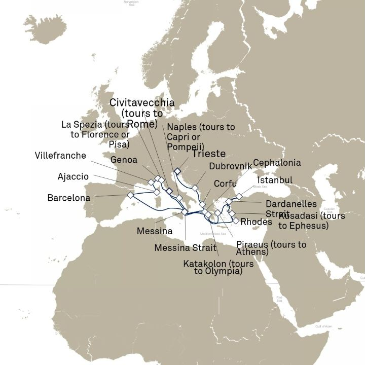 Queen Victoria Voyage V720C itinerary map from Trieste, Italy to Civitavecchia (tours to Rome), Italy