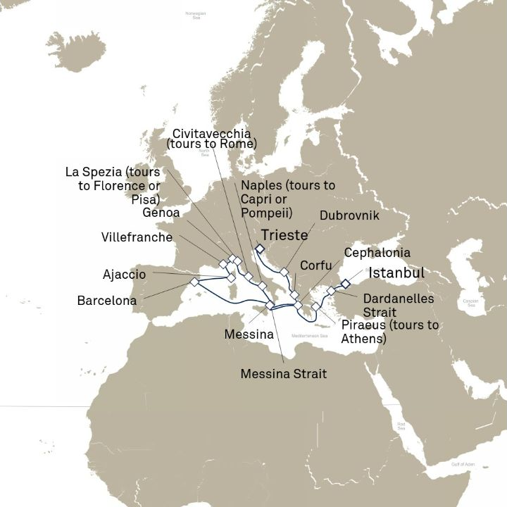 Queen Victoria Voyage V720B itinerary map from Trieste, Italy to Istanbul, Turkey