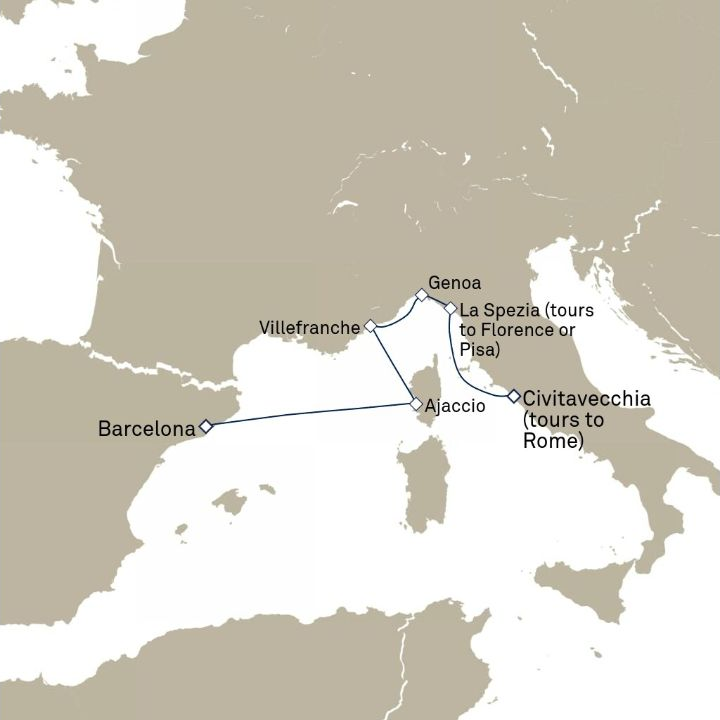 Queen Victoria Voyage V720D itinerary map from Civitavecchia (tours to Rome), Italy to Barcelona, Spain