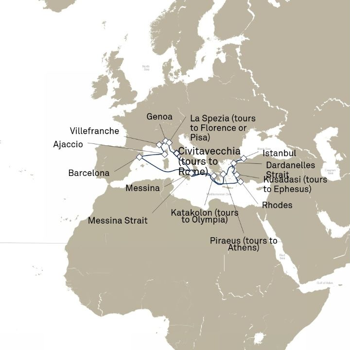Queen Victoria Voyage V720F itinerary map from Civitavecchia (tours to Rome), Italy to Civitavecchia (tours to Rome), Italy
