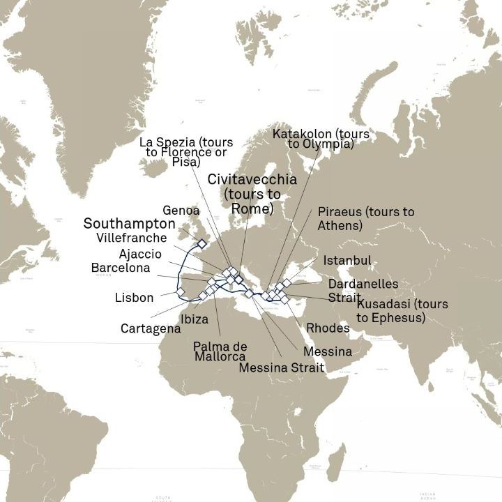 Queen Victoria Voyage V720G itinerary map from Civitavecchia (tours to Rome), Italy to Southampton, England, UK