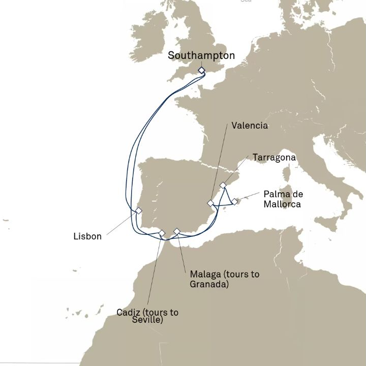 Queen Victoria Voyage V720N itinerary map from Southampton, England, UK to Southampton, England, UK