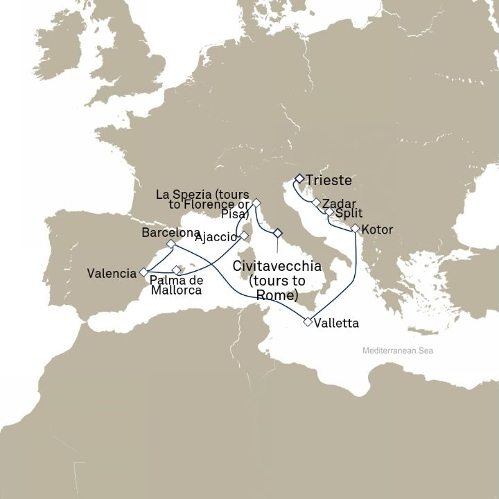 Queen Victoria Voyage V719 itinerary map from Civitavecchia (tours to Rome), Italy to Trieste, Italy