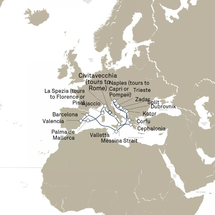 Queen Victoria Voyage V719B itinerary map from Civitavecchia (tours to Rome), Italy to Civitavecchia (tours to Rome), Italy