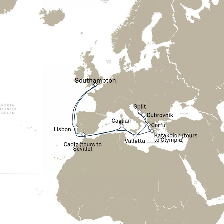 Queen Victoria Voyage V719N itinerary map from Southampton, England, UK to Southampton, England, UK