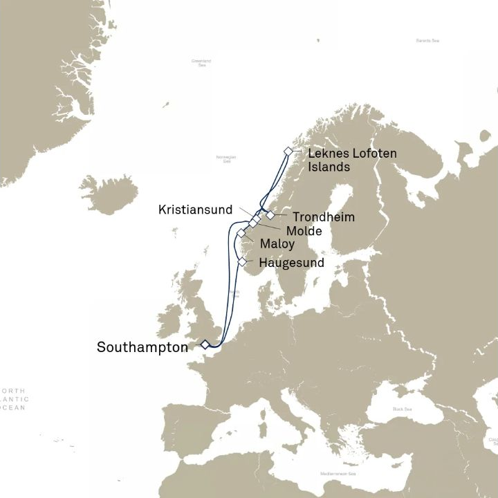 Queen Victoria Voyage V810 itinerary map from Southampton, England, UK to Southampton, England, UK