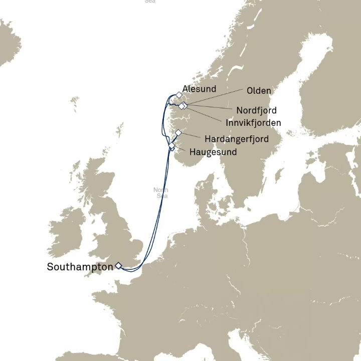Queen Victoria Voyage V808 itinerary map from Southampton, England, UK to Southampton, England, UK
